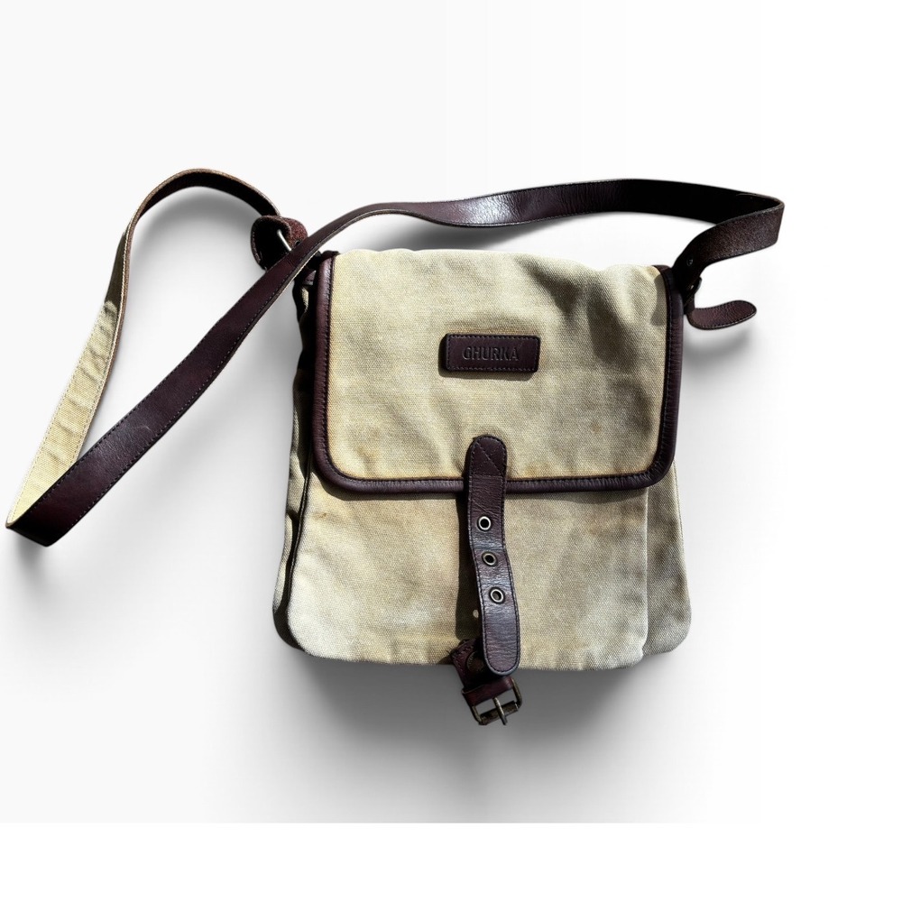 Vintage Ghurka Field Bag Crossbody Tan Canvas Brown Leather Safari Messenger Y2K